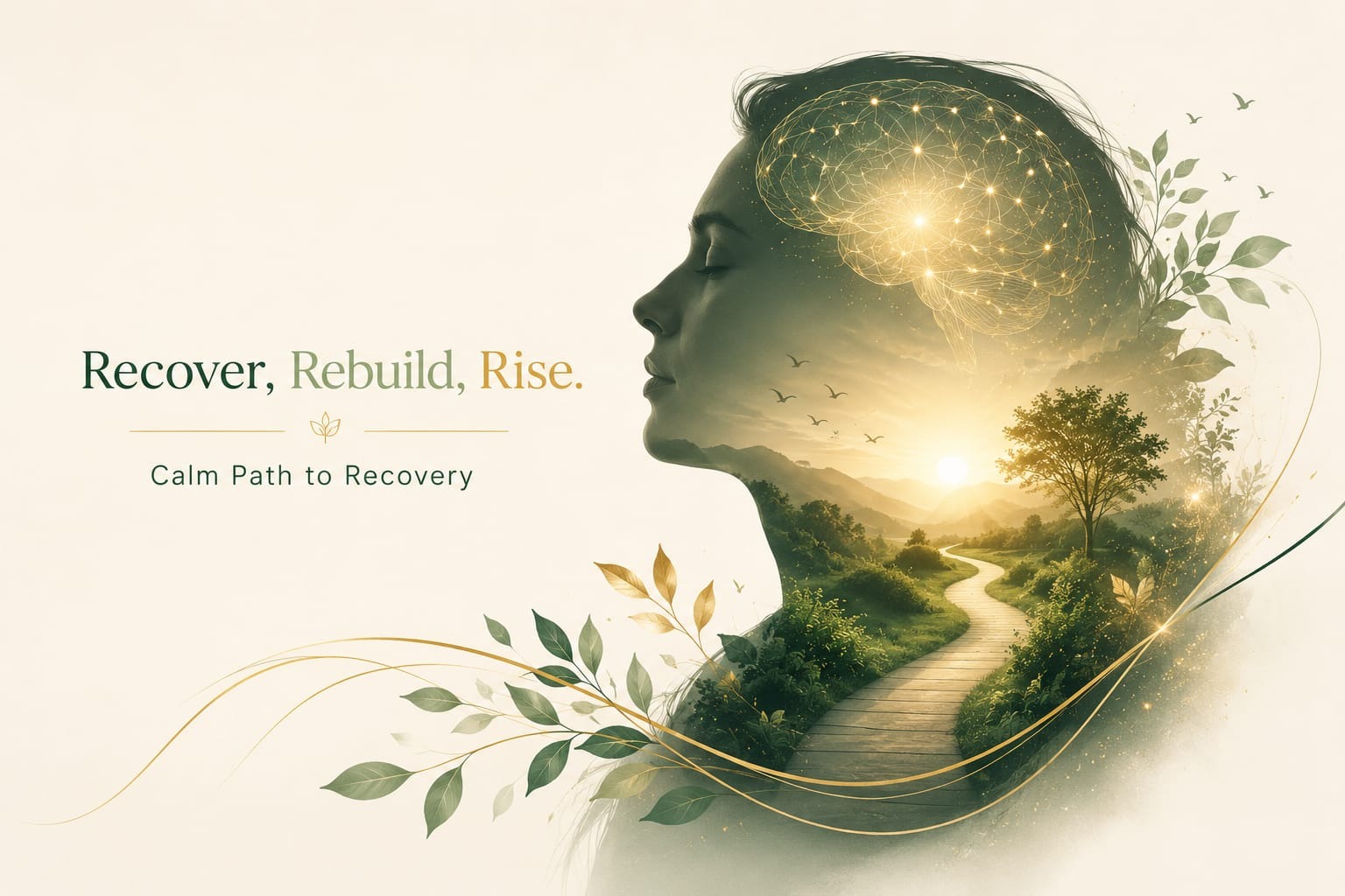 IRADA brand artwork: a person in peaceful profile, double-exposed with a glowing neural network and a winding path through greenery toward a sunrise, with the words 'Recover, Rebuild, Rise' and 'Calm Path to Recovery'.